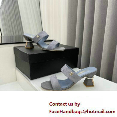 Chanel Kid Suede & Imitation Pearls Mules G45685 Gray 2024 - Click Image to Close